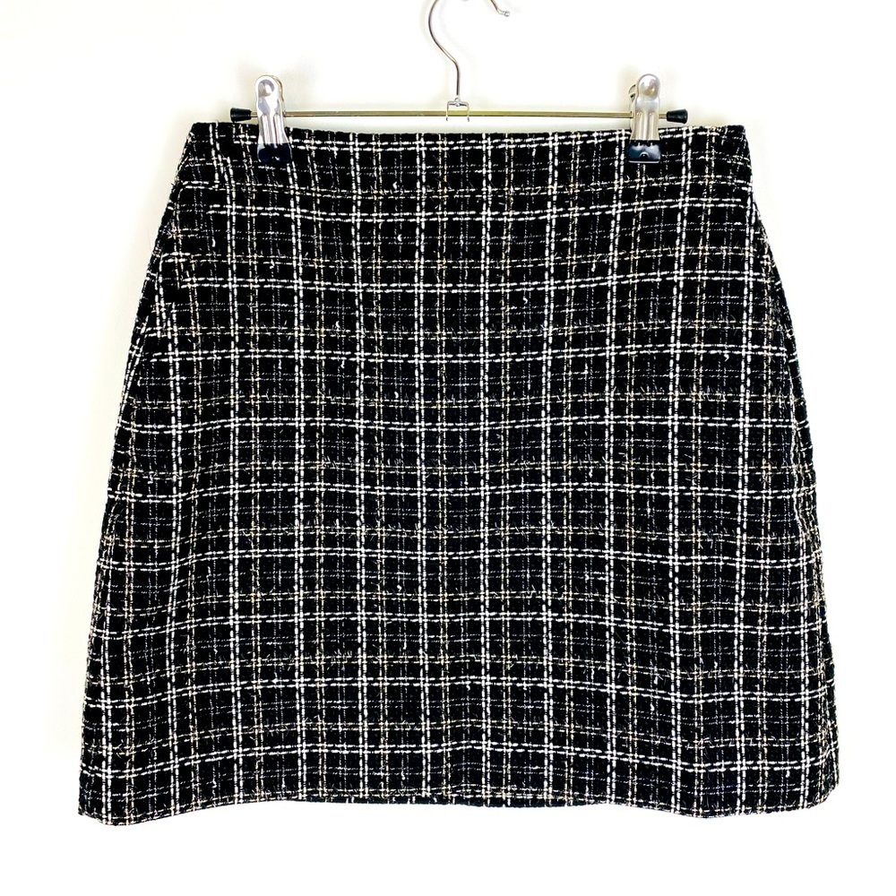 LOFT Shimmer Tweed Mini Skirt Size 4 Black White Gold Metallic Thread
